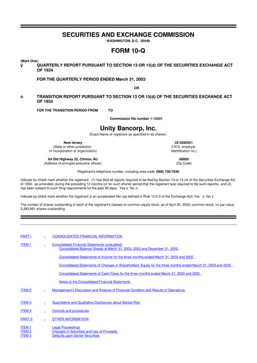Thumbnail Unity Bancorp 10-Q Quarterly Report FY 