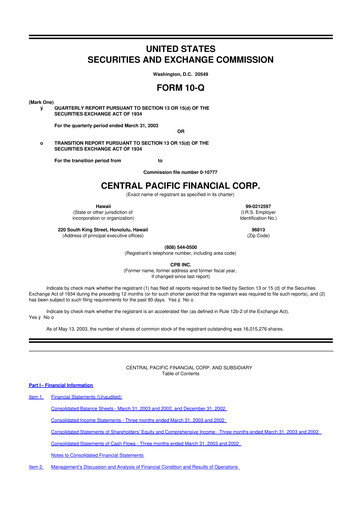 Miniature Central Pacific Financial 10-Q Rapport trimestriel  