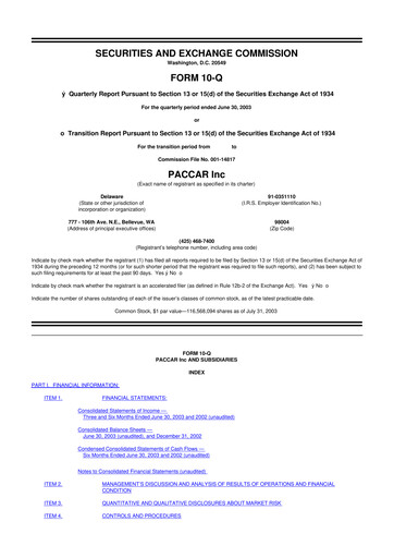 Thumbnail Paccar 10-Q Quarterly Report FY 