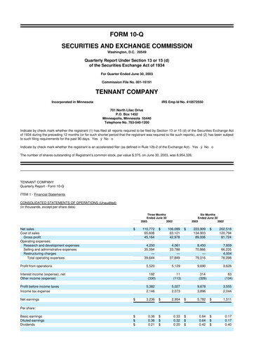 Thumbnail Tennant Company
 10-Q Quarterly Report FY 