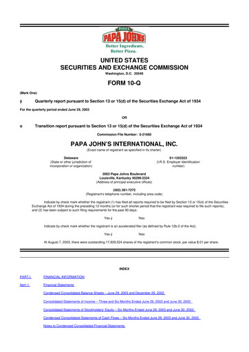 Miniature Papa John's Pizza
 10-Q Rapport trimestriel  