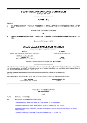 Thumbnail Willis Lease Finance Corporation 10-Q Quarterly Report FY 