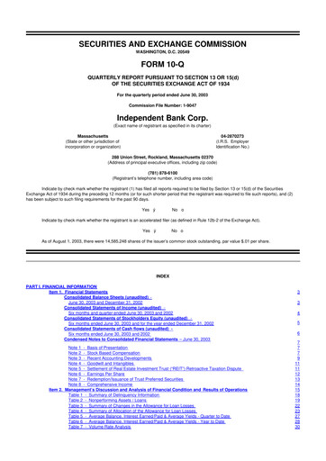 Thumbnail Independent Bank Corp. 10-Q Quarterly Report FY 