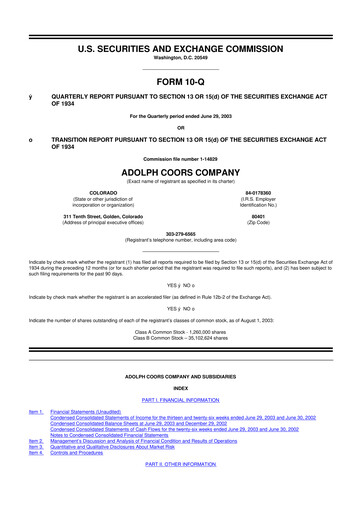 Thumbnail Molson Coors 10-Q Quarterly Report FY 