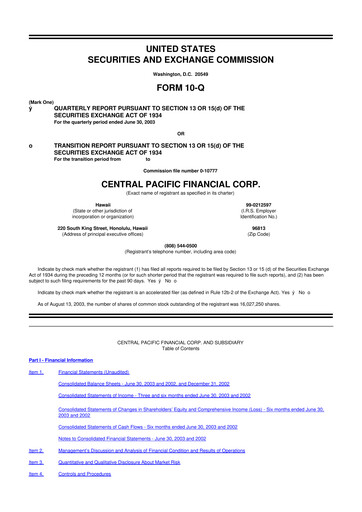 Miniature Central Pacific Financial 10-Q Rapport trimestriel  