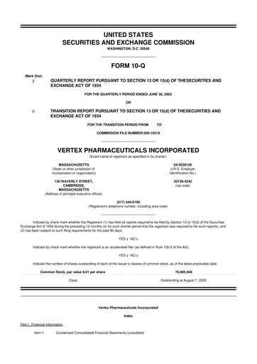 Thumbnail Vertex Pharmaceuticals 10-Q Quarterly Report FY 