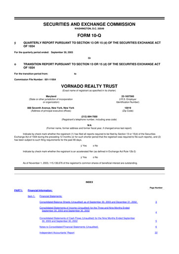 Miniature Vornado Realty Trust
 10-Q Rapport trimestriel  