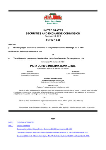 Miniature Papa John's Pizza
 10-Q Rapport trimestriel  