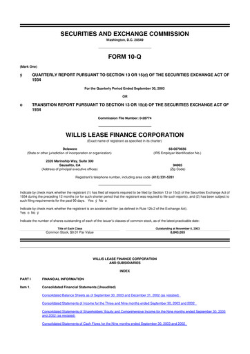 Thumbnail Willis Lease Finance Corporation 10-Q Quarterly Report FY 
