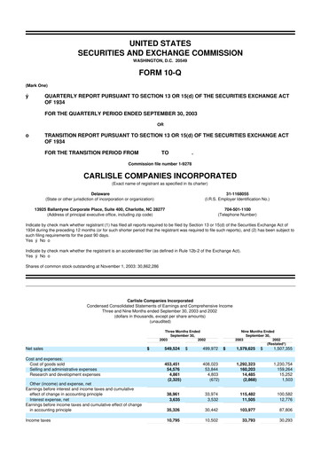 Thumbnail Carlisle Companies
 10-Q Quarterly Report FY 