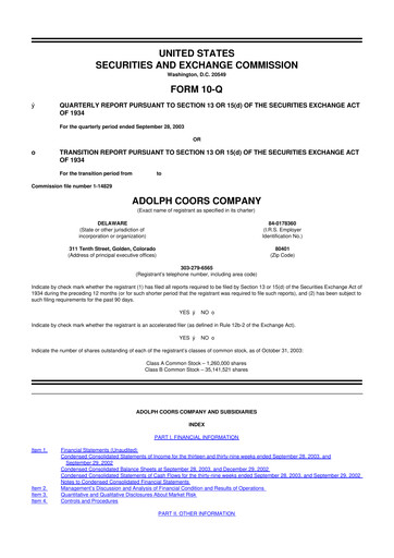 Thumbnail Molson Coors 10-Q Quarterly Report FY 