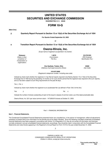 Thumbnail O-I Glass
 10-Q Quarterly Report FY 