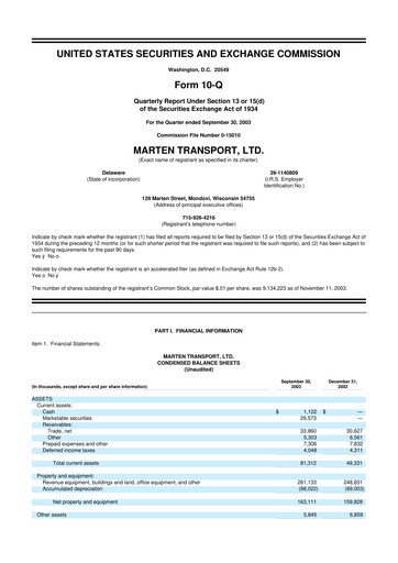 Thumbnail Marten Transport 10-Q Quarterly Report FY 
