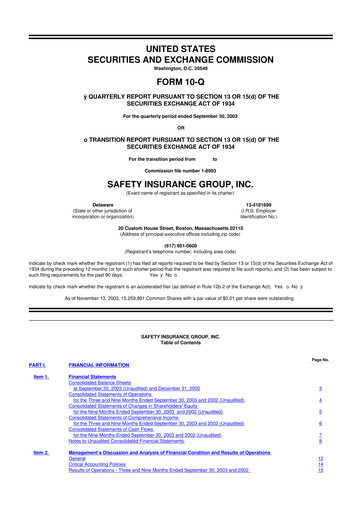 Thumbnail Safety Insurance
 10-Q Quarterly Report FY 