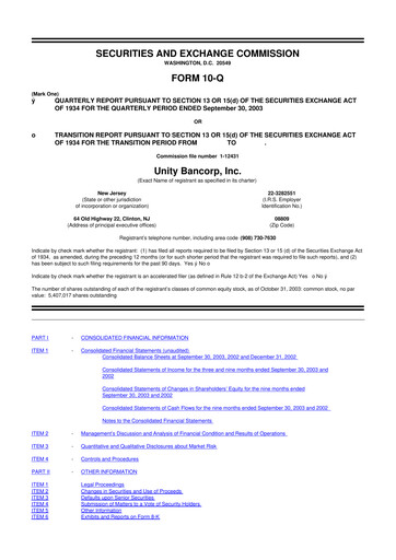 Thumbnail Unity Bancorp 10-Q Quarterly Report FY 