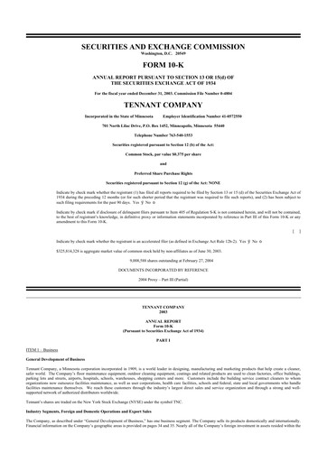 Thumbnail Tennant Company
 10-K Annual Report 