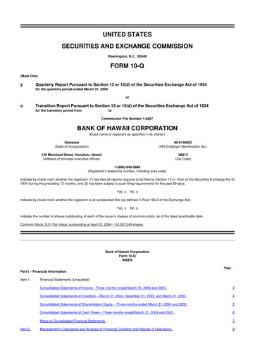 Thumbnail Bank of Hawaii
 10-Q Quarterly Report FY 