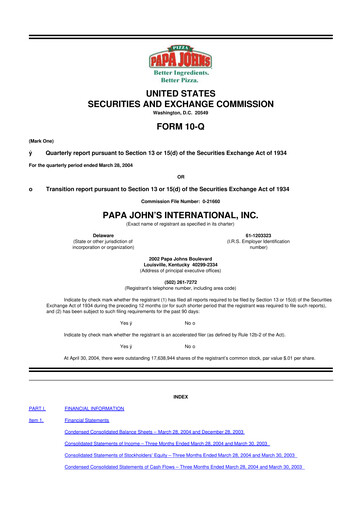 Miniature Papa John's Pizza
 10-Q Rapport trimestriel  