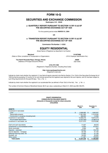 Thumbnail Equity Residential
 10-Q Quarterly Report FY 