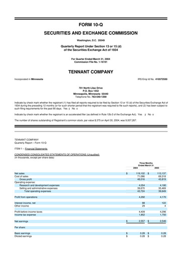 Thumbnail Tennant Company
 10-Q Quarterly Report FY 