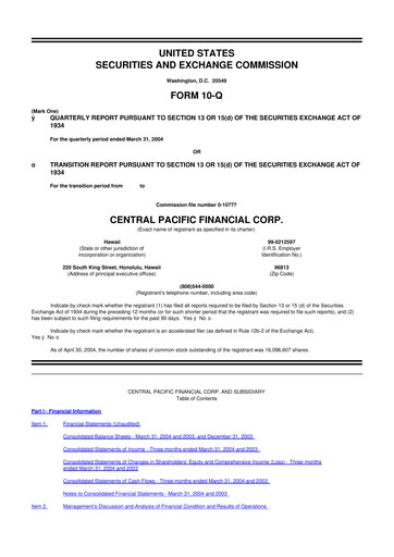 Miniature Central Pacific Financial 10-Q Rapport trimestriel  