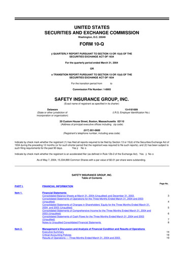 Thumbnail Safety Insurance
 10-Q Quarterly Report FY 