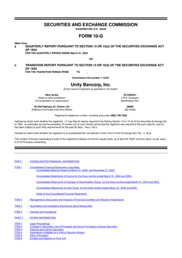Thumbnail Unity Bancorp 10-Q Quarterly Report FY 