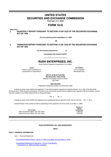 Thumbnail Rush Enterprises
 10-Q Quarterly Report FY 
