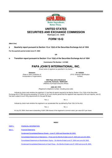 Miniature Papa John's Pizza
 10-Q Rapport trimestriel  