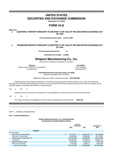Thumbnail Simpson Manufacturing Company
 10-Q Quarterly Report FY 