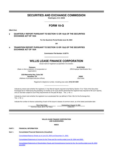 Thumbnail Willis Lease Finance Corporation 10-Q Quarterly Report FY 