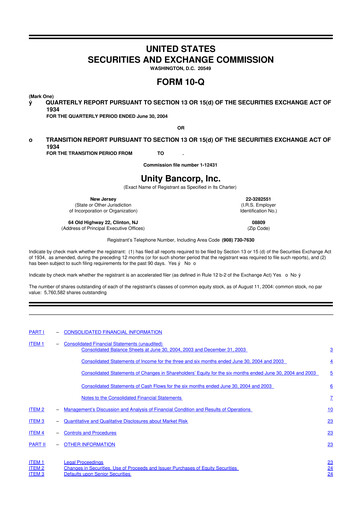 Thumbnail Unity Bancorp 10-Q Quarterly Report FY 