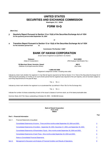 Thumbnail Bank of Hawaii
 10-Q Quarterly Report FY 