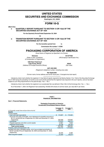 Thumbnail Packaging Corporation of America
 10-Q Quarterly Report FY 