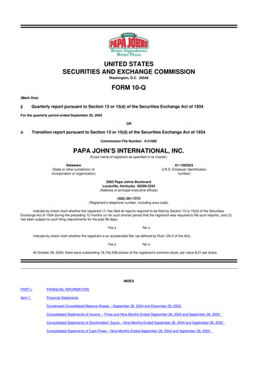 Miniature Papa John's Pizza
 10-Q Rapport trimestriel  