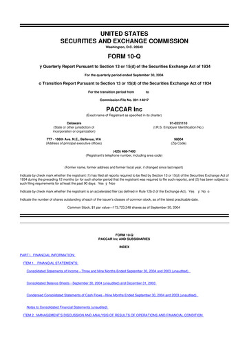 Thumbnail Paccar 10-Q Quarterly Report FY 