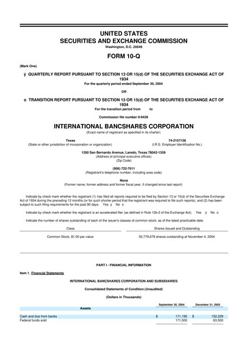 Thumbnail International Bancshares Corp 10-Q Quarterly Report FY 
