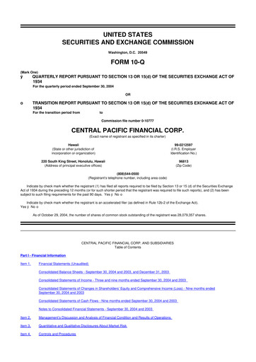 Miniature Central Pacific Financial 10-Q Rapport trimestriel  