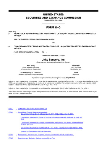 Thumbnail Unity Bancorp 10-Q Quarterly Report FY 