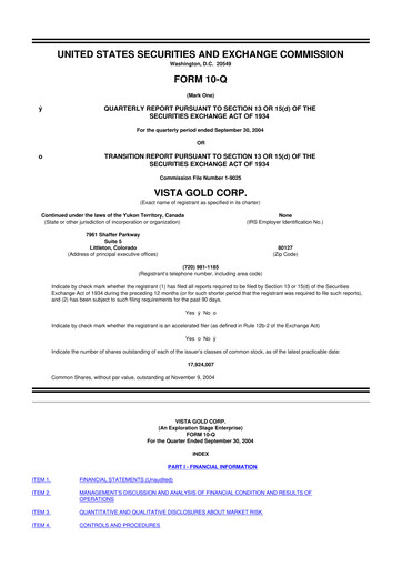 Miniature Vista Gold
 10-Q Rapport trimestriel  