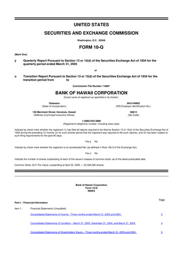Thumbnail Bank of Hawaii
 10-Q Quarterly Report FY 