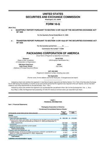 Thumbnail Packaging Corporation of America
 10-Q Quarterly Report FY 