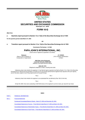 Miniature Papa John's Pizza
 10-Q Rapport trimestriel  