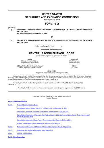 Miniature Central Pacific Financial 10-Q Rapport trimestriel  