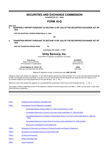 Thumbnail Unity Bancorp 10-Q Quarterly Report FY 