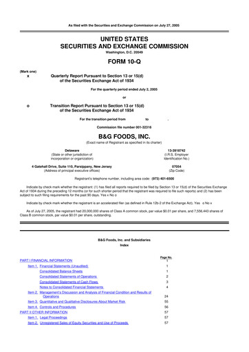 Miniature B&G Foods

 10-Q Rapport trimestriel  