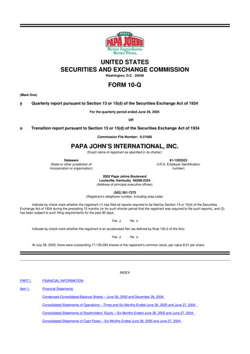 Miniature Papa John's Pizza
 10-Q Rapport trimestriel  