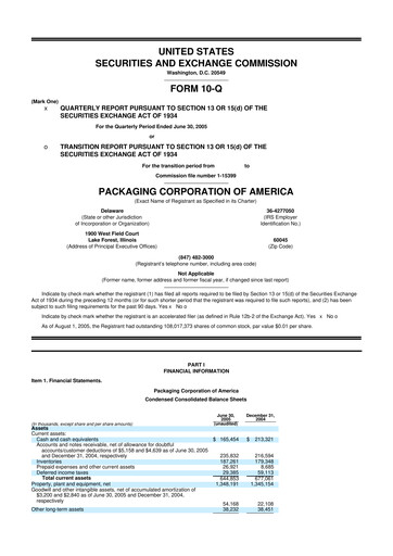 Thumbnail Packaging Corporation of America
 10-Q Quarterly Report FY 