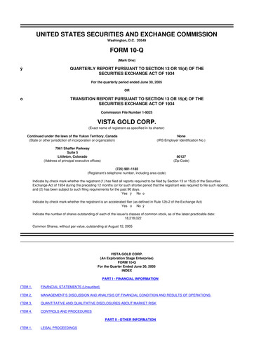 Miniature Vista Gold
 10-Q Rapport trimestriel  