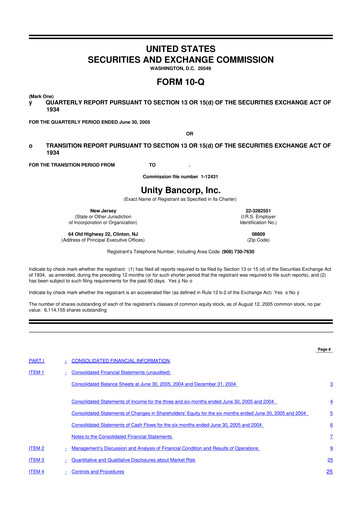 Thumbnail Unity Bancorp 10-Q Quarterly Report FY 